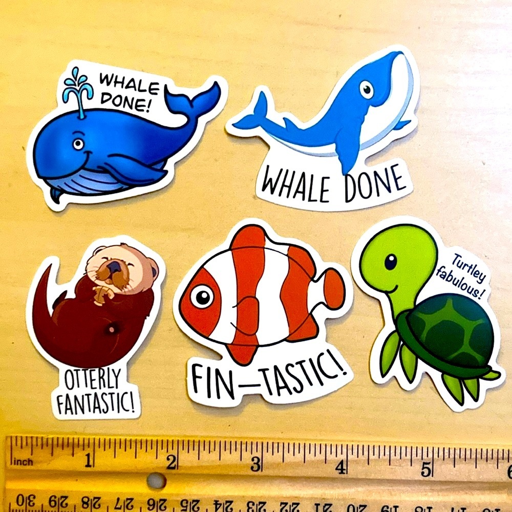 10/$10 or $1 BUNDLE:‎ 5 Pun Fun Stickers: Water animals! 🐳 🐋 🦦 🐢 WATERPROOF!